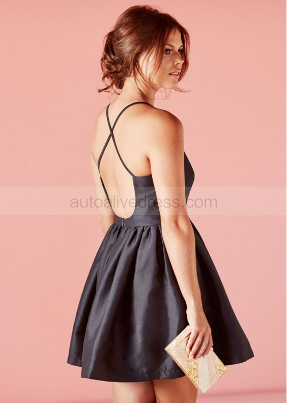 Black Satin Sexy Straps Short Prom Dress 